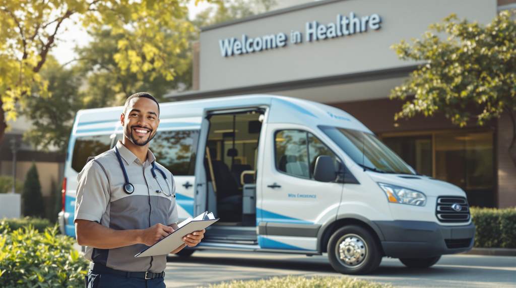Entrepreneur reviewing business license documents for medical transportation startup.