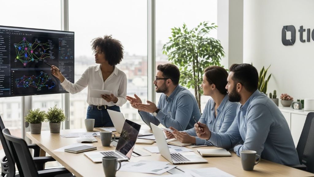 Startup team discussing machine learning strategies in a modern office