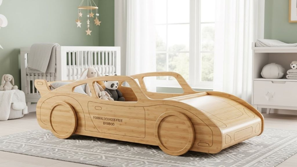 Eco-friendly bamboo car bed for kids featuring natural antibacterial properties and formaldehyde-free construction in modern nursery