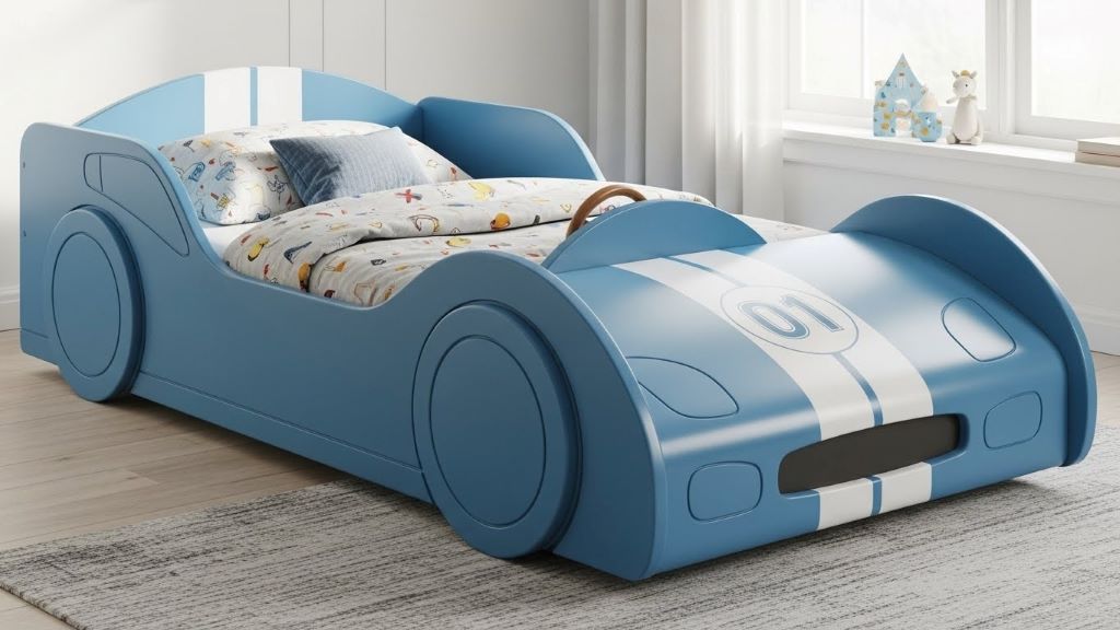 Sustainable wooden race car bed for children made from FSC-certified timber with non-toxic water-based paint finish