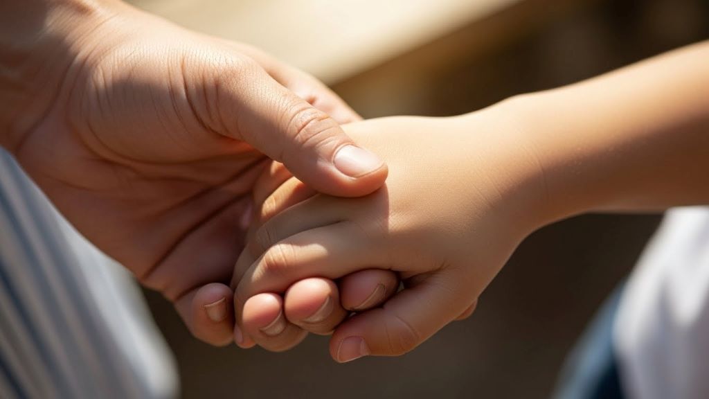 Close-up photograph of parent's hand holding child's hand showing authentic family connection and trust