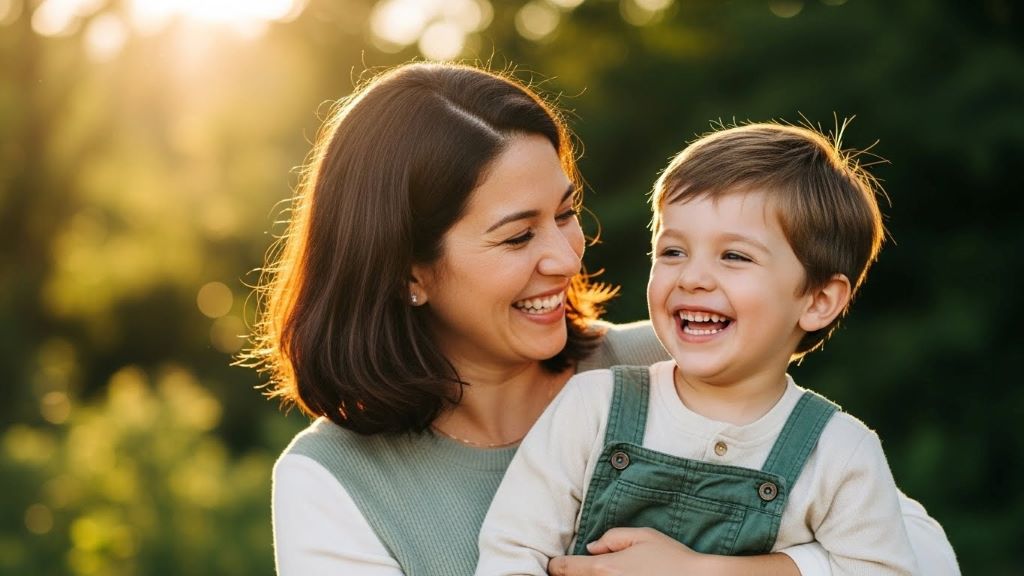 Parent and child laughing together during outdoor family photography session in natural sunlight