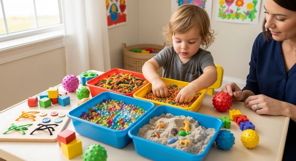 Child playing with colorful sensory bins and therapeutic toys during occupational therapy session combining play-based learning