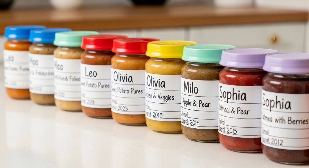 Labeled baby food jars with click-lock lids lined up and ready for daycare drop-off