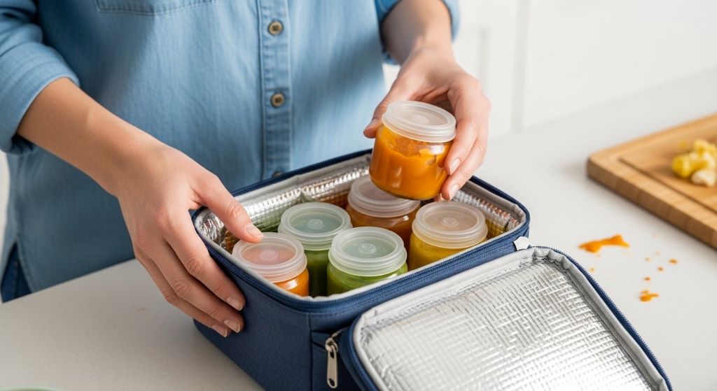 Parent packing sealed baby food jars into an insulated lunch bag for daycare
