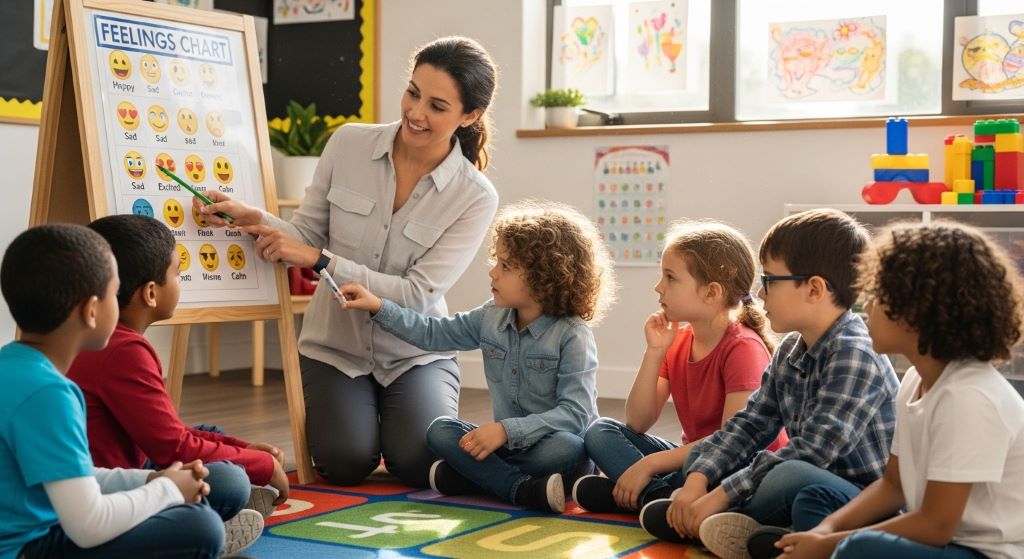 Teacher guiding children in a classroom emotional check-in activity using a feelings chart