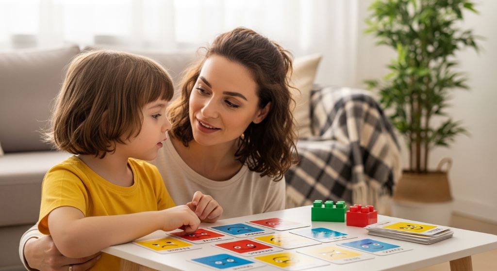 A mother and young child sitting together talking about feelings with emotion cards on the table