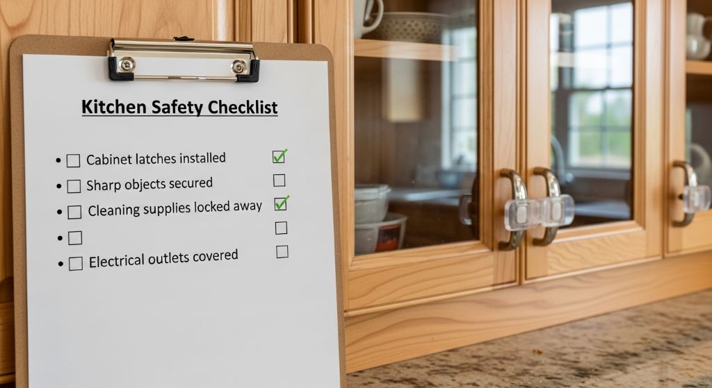 Safety checklist on a clipboard next to childproofed kitchen cabinets