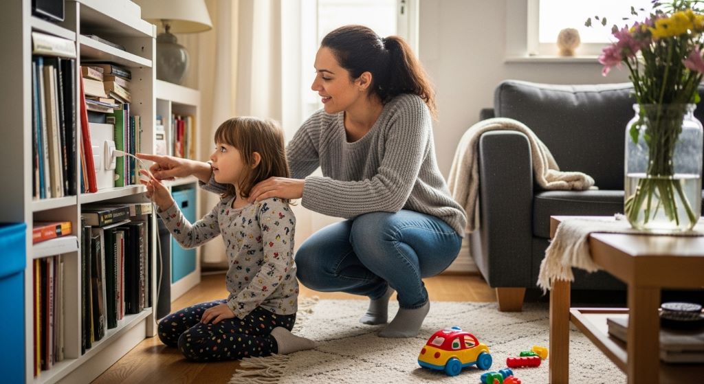 Parent and child inspecting a living room for hidden safety hazards together