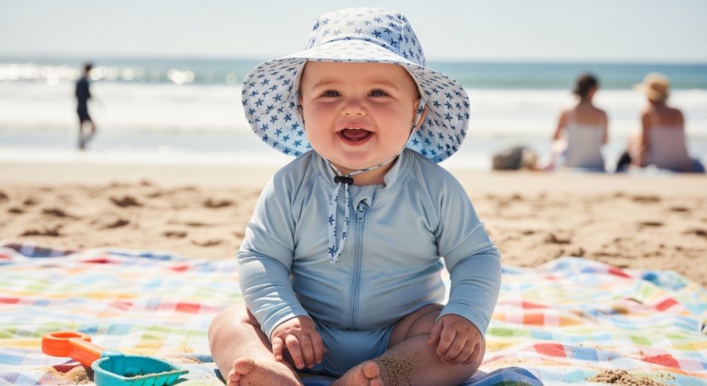 A smiling baby wearing a wide-brimmed sun hat and lightweight UV-protective outfit on a sunny summer day
