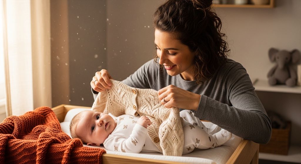 A mother dressing her baby in a soft cotton onesie and warm knit sweater for a cold autumn day