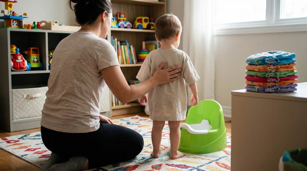 Parent helping toddler learn potty training at home